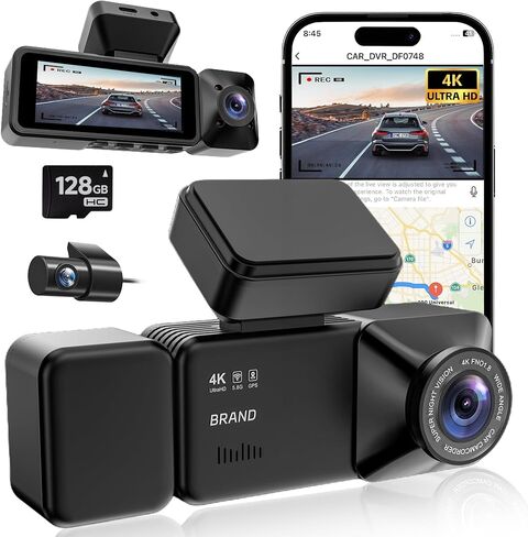 4K 3 Channel Dash Cam Front and Rear with Cabin, 4K+1080P+1080P Dash Camera for Cars, Free 128GB Card Included, Dash Cam with Night Vision, WiFi, GPS, APP Control, Parking Monitor, Loop Recording in Kuwait