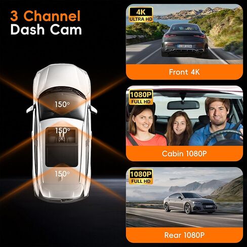 4K 3 Channel Dash Cam Front and Rear with Cabin, 4K+1080P+1080P Dash Camera for Cars, Free 128GB Card Included, Dash Cam with Night Vision, WiFi, GPS, APP Control, Parking Monitor, Loop Recording in Kuwait