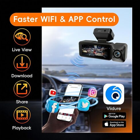 4K 3 Channel Dash Cam Front and Rear with Cabin, 4K+1080P+1080P Dash Camera for Cars, Free 128GB Card Included, Dash Cam with Night Vision, WiFi, GPS, APP Control, Parking Monitor, Loop Recording in Kuwait