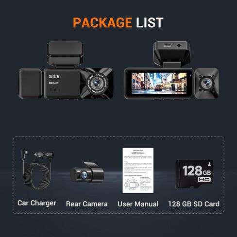 4K 3 Channel Dash Cam Front and Rear with Cabin, 4K+1080P+1080P Dash Camera for Cars, Free 128GB Card Included, Dash Cam with Night Vision, WiFi, GPS, APP Control, Parking Monitor, Loop Recording in Kuwait