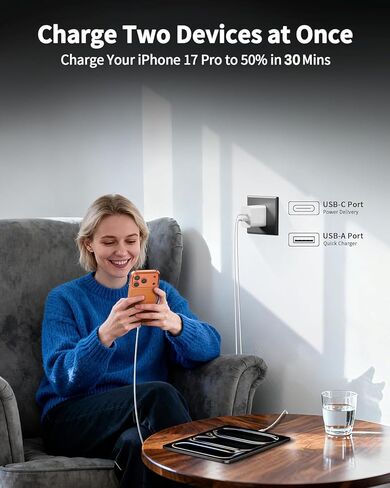 كتلة شاحن حائط USB C، 20 واط USB C&USB A منفذ شحن مزدوج قابس USB C محول طاقة متوافق مع iPhone 17/17e /17 Pro Max/Air/16e/16 ProMax/16Plus/15/14/13/12/11/XS، iWatch، iPad Pro/Air/Mini in Kuwait