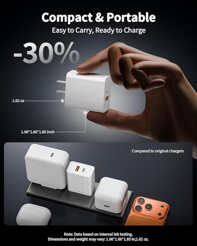 كتلة شاحن حائط USB C، 20 واط USB C&USB A منفذ شحن مزدوج قابس USB C محول طاقة متوافق مع iPhone 17/17e /17 Pro Max/Air/16e/16 ProMax/16Plus/15/14/13/12/11/XS، iWatch، iPad Pro/Air/Mini in Kuwait