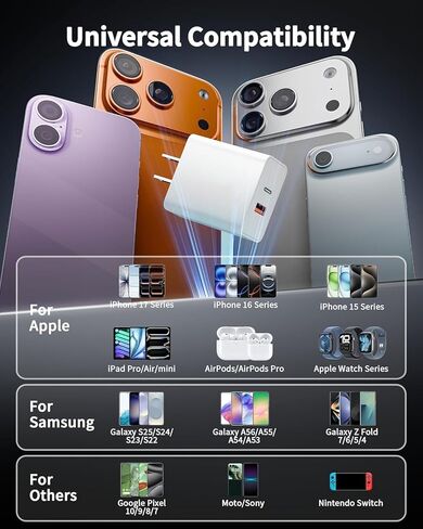 كتلة شاحن حائط USB C، 20 واط USB C&USB A منفذ شحن مزدوج قابس USB C محول طاقة متوافق مع iPhone 17/17e /17 Pro Max/Air/16e/16 ProMax/16Plus/15/14/13/12/11/XS، iWatch، iPad Pro/Air/Mini in Kuwait