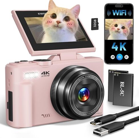 4K Digital Camera for Beginners & Teens, Compact Vlogging Camera with 180° Flip Screen, Autofocus, Easy-to-Use for Travel & YouTube, 18X Zoom, WiFi, 2 Batteries, 32GB Card in Saudi Arabia