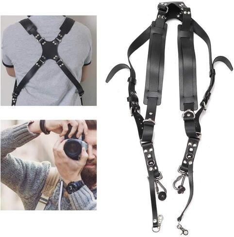 Camera Strap Leather, Adjustable Double Shoulder Harness for DSLR SLR Cameras, with 2 Buckle Clips, Photography Accessories (Shoulders-black) in Kuwait