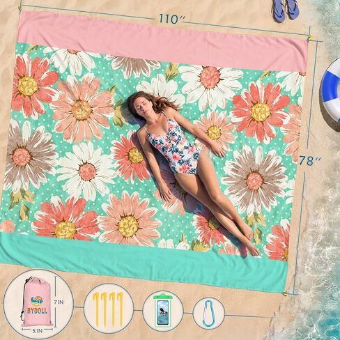 BYDOLL بطانية الشاطئ مقاومة للماء ومقاومة للرمال مقاس 78 بوصة × 110 بوصة تناسب 1-7 أشخاص بالغين وخفيفة الوزن كبيرة الحجم وخالية من الرمال وبساط نزهة كبير للشاطئ والسفر والتخييم والمشي لمسافات طويلة in Kuwait