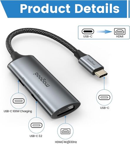MOGOOD USB C to HDMI Adapter (4K@60Hz) 3.0 USB-C Hub with 100W Power Delivery for MacBook Pro/Air, iPad Pro, Pixelbook, XPS, Galaxy, iPhone 17/16/15, Compatible with Thunderbolt 3/4/5 in Kuwait