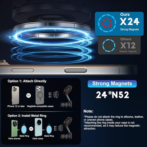 حامل هاتف سيارة مغناطيسي من Jikasho لـ Magsafe، بدون استخدام اليدين قابل للتعديل بزاوية 360 درجة، حامل هاتف للسيارة/صالة الألعاب الرياضية/المرآة/سطح أملس، متوافق مع iPhone وAndroid (قاعدة دوارة سوداء 360 درجة) in Kuwait