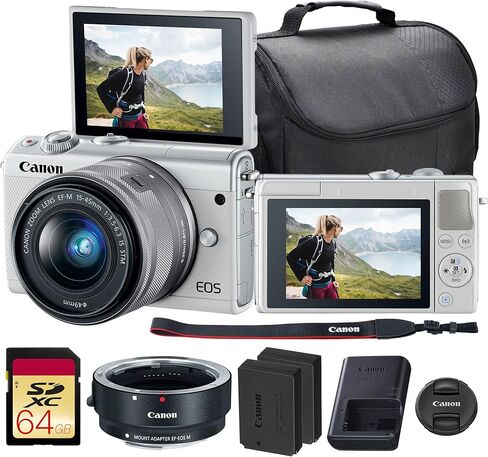 كاميرا كانون EOS M100 بدون مرآة مع عدسة 15-45 ملم (أبيض) | مستشعر APS-C بدقة 24.2 ميجابكسل، Dual Pixel CMOS AF، واي فاي وبلوتوث | لصور السفر والمبتدئين (2210C011) + بطاقة سعة 64 جيجابايت + محول العدسة EF-M + المزيد in Kuwait