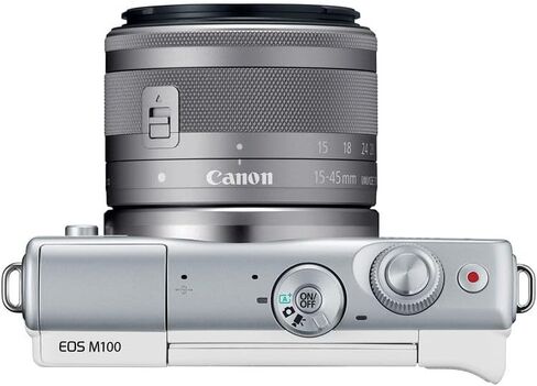 كاميرا كانون EOS M100 بدون مرآة مع عدسة 15-45 ملم (أبيض) | مستشعر APS-C بدقة 24.2 ميجابكسل، Dual Pixel CMOS AF، واي فاي وبلوتوث | لصور السفر والمبتدئين (2210C011) + بطاقة سعة 64 جيجابايت + محول العدسة EF-M + المزيد in Kuwait