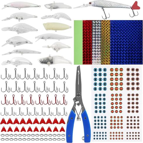 Unpainted Fishing Lures Making Kit DIY Blank Lures Minnow Crankbaits Hard Bait Set with Treble Hooks Split Rings Fish Eyes Lure Stickers Make Your Own Fishing Lures in Kuwait