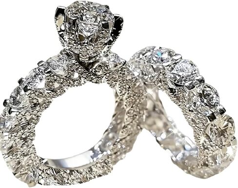 2Pcs 925 Sterling Silver Shiny Full Diamond AAA Cubic Zirconia Rings Set CZ Diamond Ring Set Eternity Engagement Wedding Band Set Round Cut CZ Promise Ring for Women Size 6-10 in Saudi Arabia