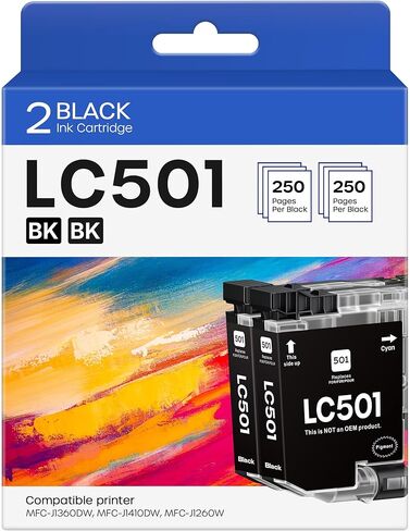 خراطيش حبر LC501 متوافقة مع Brother LC501 LC501XL LC 501 XL تعمل لطابعة Brother MFC-J1260DW MFC-J1360DW MFC-J1410DW (2 أسود) in Kuwait