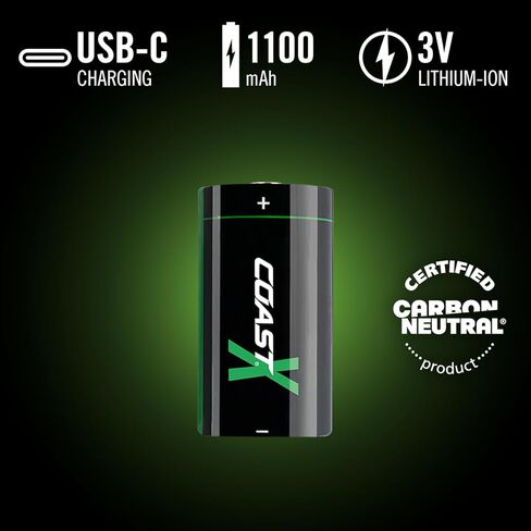 بطاريات Coast ZX CR123 USB-C قابلة لإعادة الشحن، ZITHION-X، ليثيوم أيون 1.5 فولت 1100 مللي أمبير، تدوم طويلاً، يتم شحنها لمدة أقل من 3 ساعات، كابل شحن متضمن، للأدوات والأجهزة - بطاريتان in Kuwait