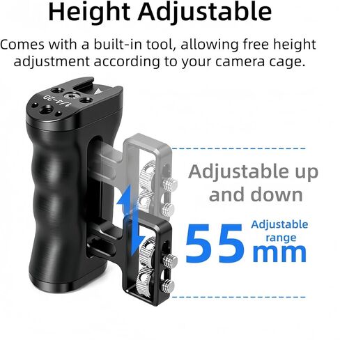 Universal Side Handle Compatible with DSLR Camera Cage, 1/4-20 Thread, Left/Right Mount, Cold Shoe, Adjustable Height, Aluminum Alloy, for Video Rig Vlog Filming in Kuwait