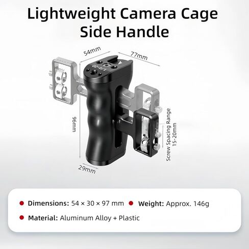 Universal Side Handle Compatible with DSLR Camera Cage, 1/4-20 Thread, Left/Right Mount, Cold Shoe, Adjustable Height, Aluminum Alloy, for Video Rig Vlog Filming in Kuwait