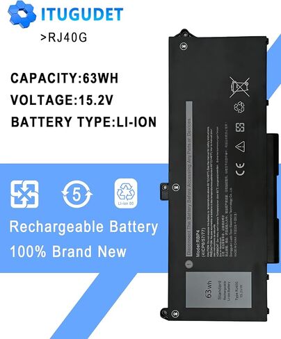 بطارية كمبيوتر محمول RJ40G لجهاز Dell Latitude 155520 Latitude 14 5420 Precision 153560 Series متوافقة مع M033W 01K2CF 075X16 WY9DX P137G P137G001 P104F P104F001 0WK3F1 0M3KCN 15.2V 63WH 3941 مللي أمبير in Kuwait