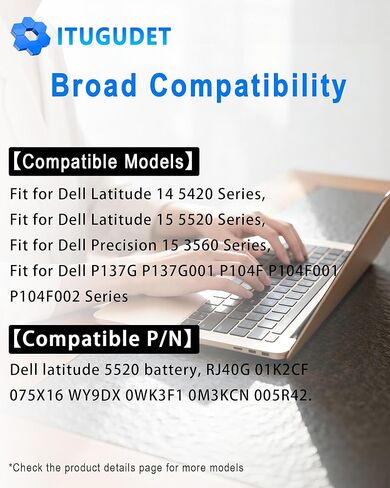 بطارية كمبيوتر محمول RJ40G لجهاز Dell Latitude 155520 Latitude 14 5420 Precision 153560 Series متوافقة مع M033W 01K2CF 075X16 WY9DX P137G P137G001 P104F P104F001 0WK3F1 0M3KCN 15.2V 63WH 3941 مللي أمبير in Kuwait