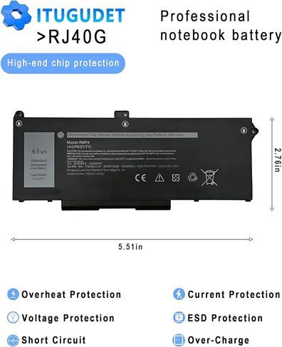 بطارية كمبيوتر محمول RJ40G لجهاز Dell Latitude 155520 Latitude 14 5420 Precision 153560 Series متوافقة مع M033W 01K2CF 075X16 WY9DX P137G P137G001 P104F P104F001 0WK3F1 0M3KCN 15.2V 63WH 3941 مللي أمبير in Kuwait