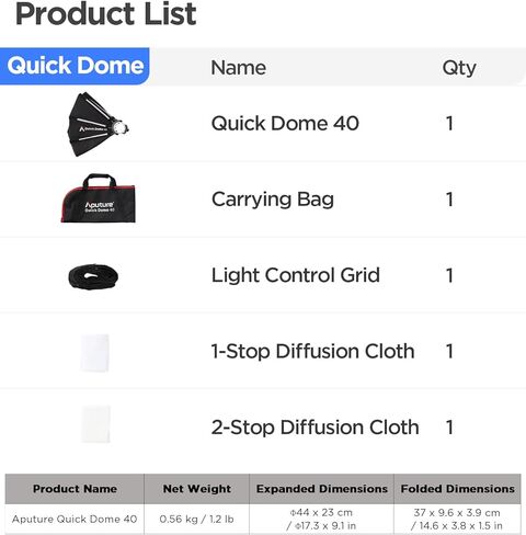 Aputure Quick Dome 40 Mini ProLock Mount Circular Softbox for Storm 80c، تصميم مكافئ عميق 40 سم، مزلاج سريع التحرير، يتضمن انتشار 1-Stop/2-Stop وشبكة 40 درجة لإضاءة الفيديو والتصوير الفوتوغرافي in Kuwait