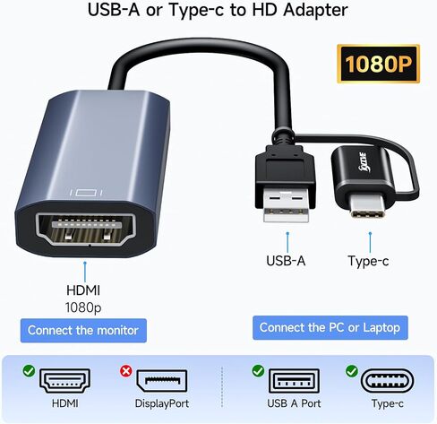 محول KCEVE USB إلى HDMI، محول USB-A 3.0 ذكر إلى HDMI أنثى 1080P@60 هرتز، مناسب لنظام التشغيل Windows XP/7/8/10/11 - لا يمكن استخدام واجهة BIOS، فقط يدعم الجيل الحادي عشر أو المعالج الأحدث in Kuwait