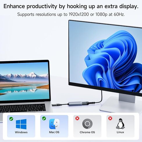 محول KCEVE USB إلى HDMI، محول USB-A 3.0 ذكر إلى HDMI أنثى 1080P@60 هرتز، مناسب لنظام التشغيل Windows XP/7/8/10/11 - لا يمكن استخدام واجهة BIOS، فقط يدعم الجيل الحادي عشر أو المعالج الأحدث in Kuwait