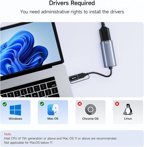 محول KCEVE USB إلى HDMI، محول USB-A 3.0 ذكر إلى HDMI أنثى 1080P@60 هرتز، مناسب لنظام التشغيل Windows XP/7/8/10/11 - لا يمكن استخدام واجهة BIOS، فقط يدعم الجيل الحادي عشر أو المعالج الأحدث in Kuwait