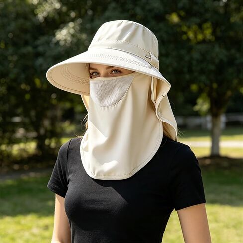 Wide Brim Sun Hat with Detachable Face Cover & Fixed Neck Flap, Breathable Outdoor Hat for Men Women in Kuwait