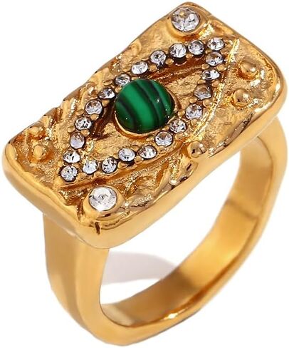 Loqimu Evil Eye Statement Rings Rectangle Chunky Stackable Midi Rings for Women Teen Girls Gold Stainless Steel Cubic Zirconia Rings Index Pinky Rings Aesthetic Finger Jewelry in Saudi Arabia