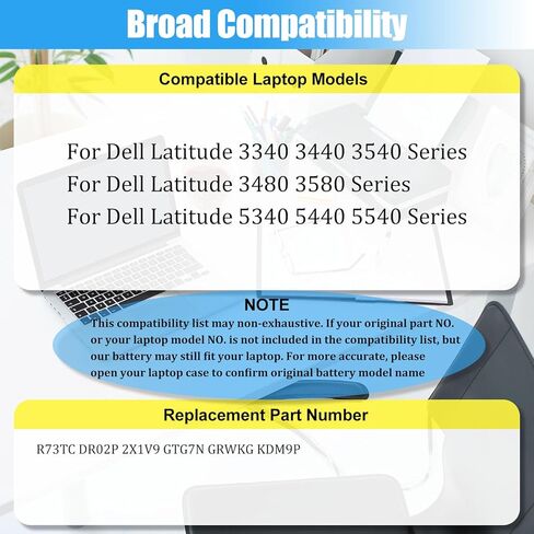 R73TC استبدال البطارية لـ Dell Latitude 3340 3440 3540 3480 3580 5340 5440 5540 سلسلة بطارية الكمبيوتر المحمول DR02P 2X1V9 GTG7N GRWKG KDM9P 54Wh in Kuwait