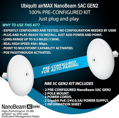 جسر لاسلكي NBE-5AC-GEN2 مجموعة مكونة مسبقًا من 2 Ubiquiti NanoBeam Wireless Bridge 5AC GEN2 مع نقطة وصول شبكية واحدة لمنطقة واسعة خارجية/داخلية، واي فاي، التوصيل والتشغيل، سرعة 450+ ميجابت في الثانية، نطاق 15+ كم in Kuwait