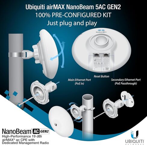جسر لاسلكي NBE-5AC-GEN2 مجموعة مكونة مسبقًا من 2 Ubiquiti NanoBeam Wireless Bridge 5AC GEN2 مع نقطة وصول شبكية واحدة لمنطقة واسعة خارجية/داخلية، واي فاي، التوصيل والتشغيل، سرعة 450+ ميجابت في الثانية، نطاق 15+ كم in Kuwait