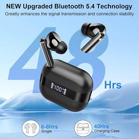 Wireless Earbuds, 2025 Bluetooth 5.4 Headphones Bass Stereo, Ear Buds with 4 Mics ENC Noise Cancelling, Bluetooth Earbuds 48H Playtime LED Display Charging Case, IP7 Waterproof in Ear Earphones, Black in Kuwait