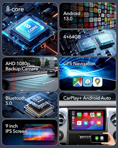 ترقية ستيريو راديو السيارة 8 Core 4+64GB لسيارة Ford F150 2009 2010 2011 2012، التوصيل والتشغيل 9 بوصات Android 13 وحدة الرأس مع Carplay اللاسلكي/Android Auto/1080P كاميرا احتياطية/راديو AM FM in Kuwait