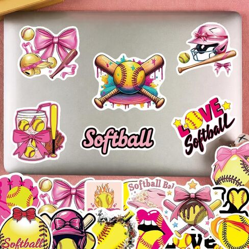 100PCS Pink Softball Stickers, Motivational Vinyl Waterproof Stickers for Water Bottles, Skateboard, Travel Gear, Teaching Incentives, Sport Softball Love Gifts, Softball Coquette Bow Stickers. in Kuwait