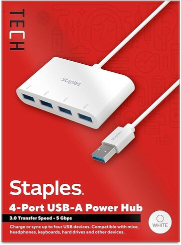 موزع USB 3.0 بأربعة منافذ من Staples TECH، أبيض، منافذ USB قابلة للتوسيع لأجهزة الكمبيوتر المحمول/سطح المكتب، نقل بيانات عالي السرعة in Kuwait