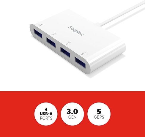 موزع USB 3.0 بأربعة منافذ من Staples TECH، أبيض، منافذ USB قابلة للتوسيع لأجهزة الكمبيوتر المحمول/سطح المكتب، نقل بيانات عالي السرعة in Kuwait