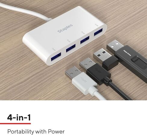 موزع USB 3.0 بأربعة منافذ من Staples TECH، أبيض، منافذ USB قابلة للتوسيع لأجهزة الكمبيوتر المحمول/سطح المكتب، نقل بيانات عالي السرعة in Kuwait