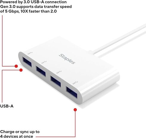 موزع USB 3.0 بأربعة منافذ من Staples TECH، أبيض، منافذ USB قابلة للتوسيع لأجهزة الكمبيوتر المحمول/سطح المكتب، نقل بيانات عالي السرعة in Kuwait