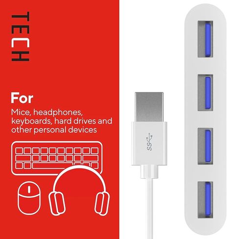 موزع USB 3.0 بأربعة منافذ من Staples TECH، أبيض، منافذ USB قابلة للتوسيع لأجهزة الكمبيوتر المحمول/سطح المكتب، نقل بيانات عالي السرعة in Kuwait