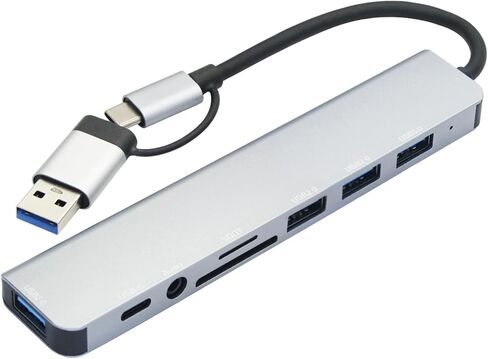 USB C & USB A Multiport Hub, Aluminum 8 in 1 USB Extender Adapter, with 5 x USB and SD/TF Card Reader, 3.5MM Audio Port, for PC, Laptops, MacBook, iPad, Phones and More in Kuwait