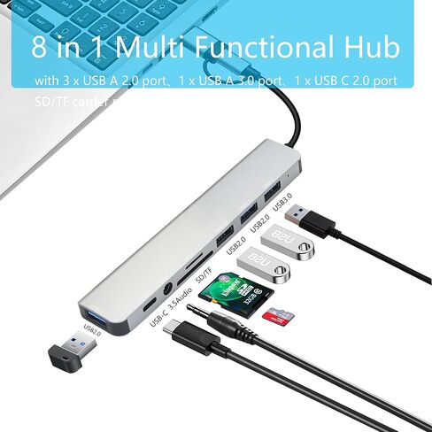 USB C & USB A Multiport Hub, Aluminum 8 in 1 USB Extender Adapter, with 5 x USB and SD/TF Card Reader, 3.5MM Audio Port, for PC, Laptops, MacBook, iPad, Phones and More in Kuwait
