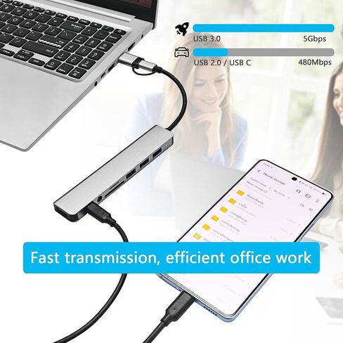 USB C & USB A Multiport Hub, Aluminum 8 in 1 USB Extender Adapter, with 5 x USB and SD/TF Card Reader, 3.5MM Audio Port, for PC, Laptops, MacBook, iPad, Phones and More in Kuwait
