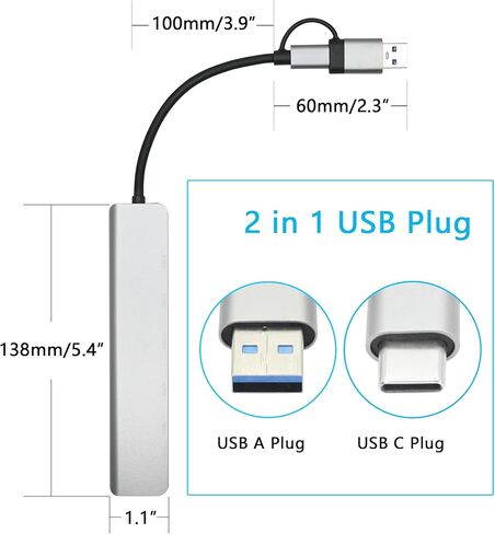 USB C & USB A Multiport Hub, Aluminum 8 in 1 USB Extender Adapter, with 5 x USB and SD/TF Card Reader, 3.5MM Audio Port, for PC, Laptops, MacBook, iPad, Phones and More in Kuwait