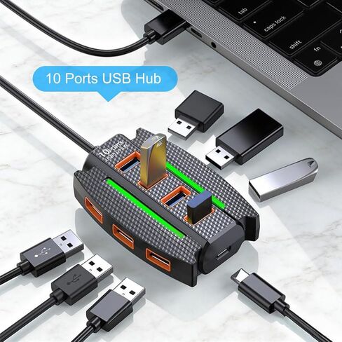 موزع USB، 10 في 1 USB C وUSB Hub مع USB 2.0، 10 منافذ USB-Hub USB موسع USB لأجهزة الكمبيوتر/أجهزة الكمبيوتر المحمولة/MacBook Pro/Air/iMac/iPad/Flash Drive/Mobile HDD/الكاميرا والمزيد من الأجهزة (1.96 قدم)، أسود in Kuwait