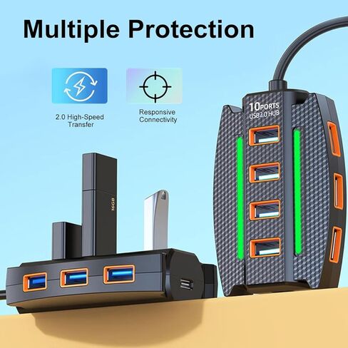 موزع USB، 10 في 1 USB C وUSB Hub مع USB 2.0، 10 منافذ USB-Hub USB موسع USB لأجهزة الكمبيوتر/أجهزة الكمبيوتر المحمولة/MacBook Pro/Air/iMac/iPad/Flash Drive/Mobile HDD/الكاميرا والمزيد من الأجهزة (1.96 قدم)، أسود in Kuwait