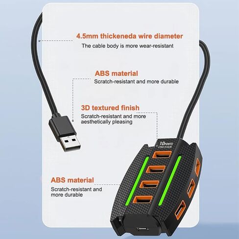 موزع USB، 10 في 1 USB C وUSB Hub مع USB 2.0، 10 منافذ USB-Hub USB موسع USB لأجهزة الكمبيوتر/أجهزة الكمبيوتر المحمولة/MacBook Pro/Air/iMac/iPad/Flash Drive/Mobile HDD/الكاميرا والمزيد من الأجهزة (1.96 قدم)، أسود in Kuwait