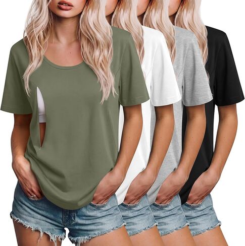 Ficerd 4 Pack Women's Nursing Shirts for Breastfeeding with Hidden Zipper Scoop Neck Loose Fit Short Sleeve Maternity Tops in Saudi Arabia