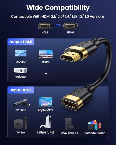 موسع ANDTOBO HDMI، كابل تمديد HDMI 8K 0.5FT HDMI ذكر إلى أنثى محول 8K@60 هرتز 4K@240 هرتز 2.1 عالي السرعة 48 جيجابت في الثانية متوافق مع Xbox وPS5 وSwitch وRoku Stick وBlu Ray وHDTV والكمبيوتر المحمول والكمبيوتر الشخصي in Kuwait