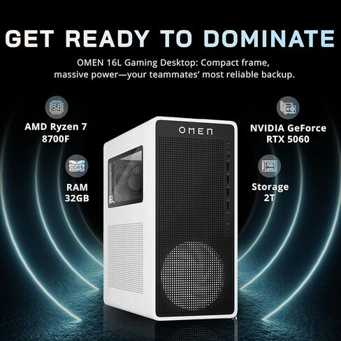 HP Omen 16L Gaming Desktop, AMD Ryzen 7 8700F, NVIDIA GeForce RTX 5060 8GB GDDR7, 32GB DDR5 RAM, 2TB Storage (1TB SSD+1TB Docking Station Set), Wired Keyboard & Mouse, Wi-Fi 6, Win 11, White in Saudi Arabia